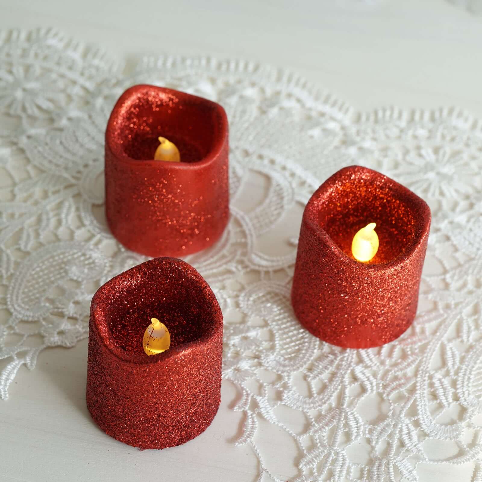 12 - Pack LED Votive Candles Glittered Red Design - Reusable Flameless Battery Operated Lights - Linen Luxes