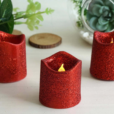 12 - Pack LED Votive Candles Glittered Red Design - Reusable Flameless Battery Operated Lights - Linen Luxes