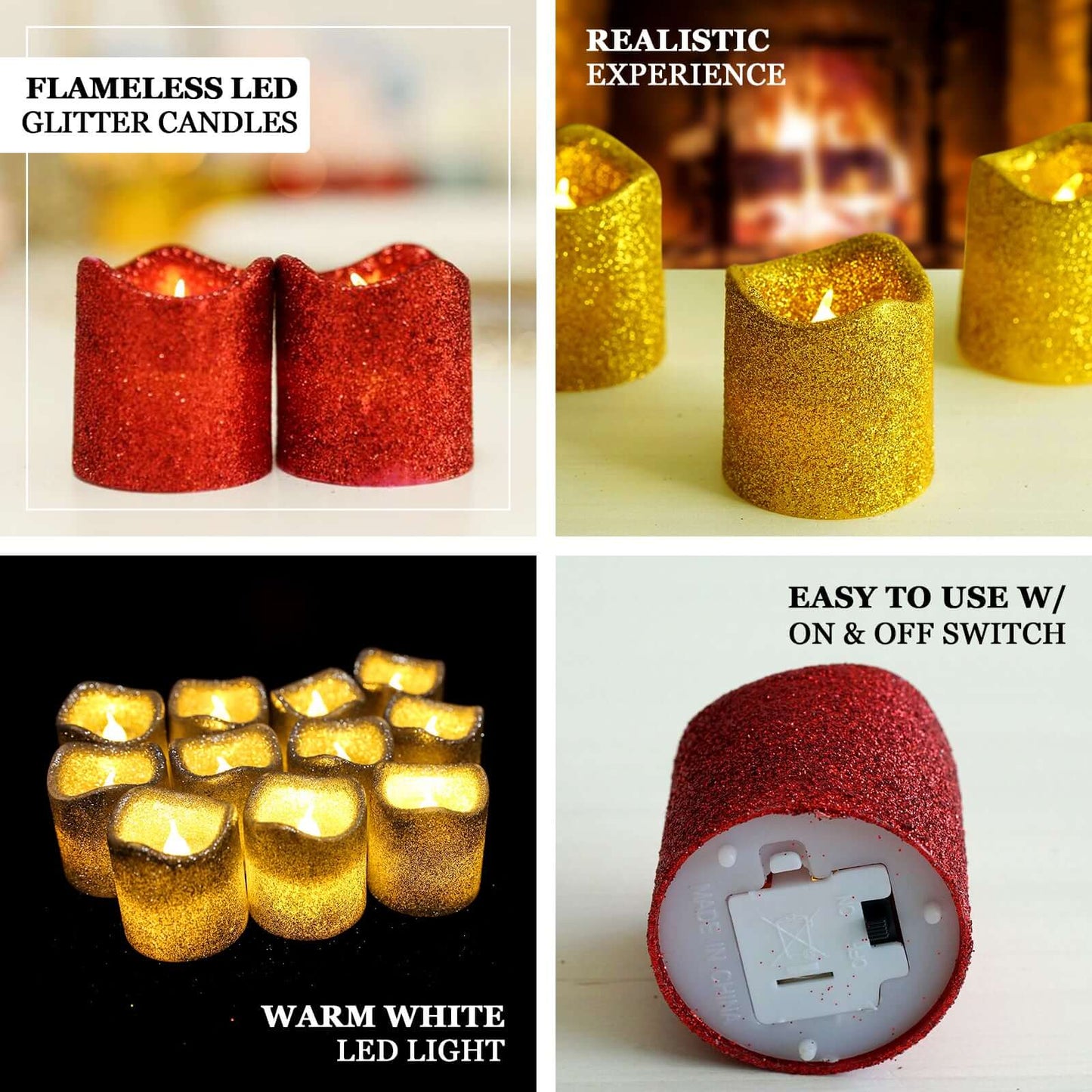 12 - Pack LED Votive Candles Glittered Red Design - Reusable Flameless Battery Operated Lights - Linen Luxes