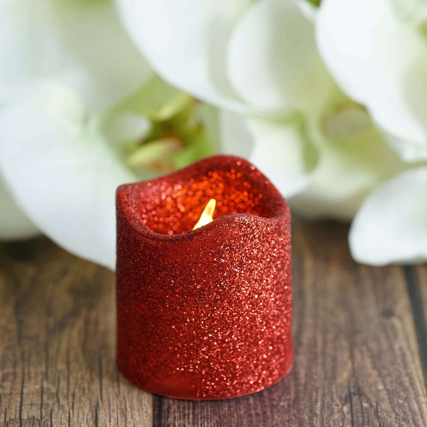 12 - Pack LED Votive Candles Glittered Red Design - Reusable Flameless Battery Operated Lights - Linen Luxes