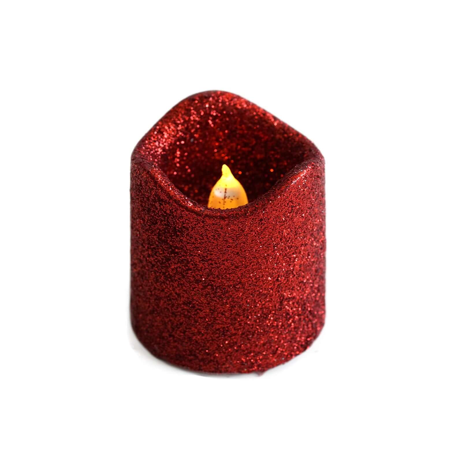 12 - Pack LED Votive Candles Glittered Red Design - Reusable Flameless Battery Operated Lights - Linen Luxes