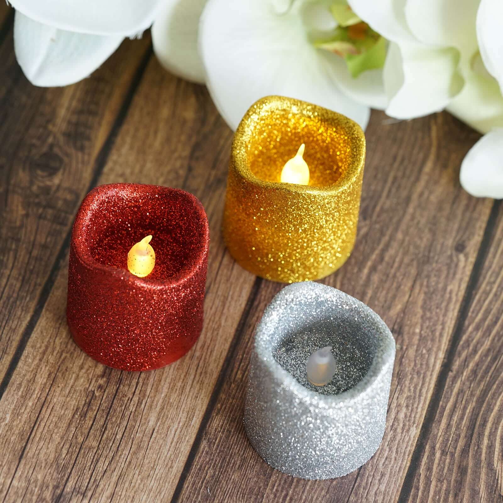12 - Pack LED Votive Candles Glittered Red Design - Reusable Flameless Battery Operated Lights - Linen Luxes