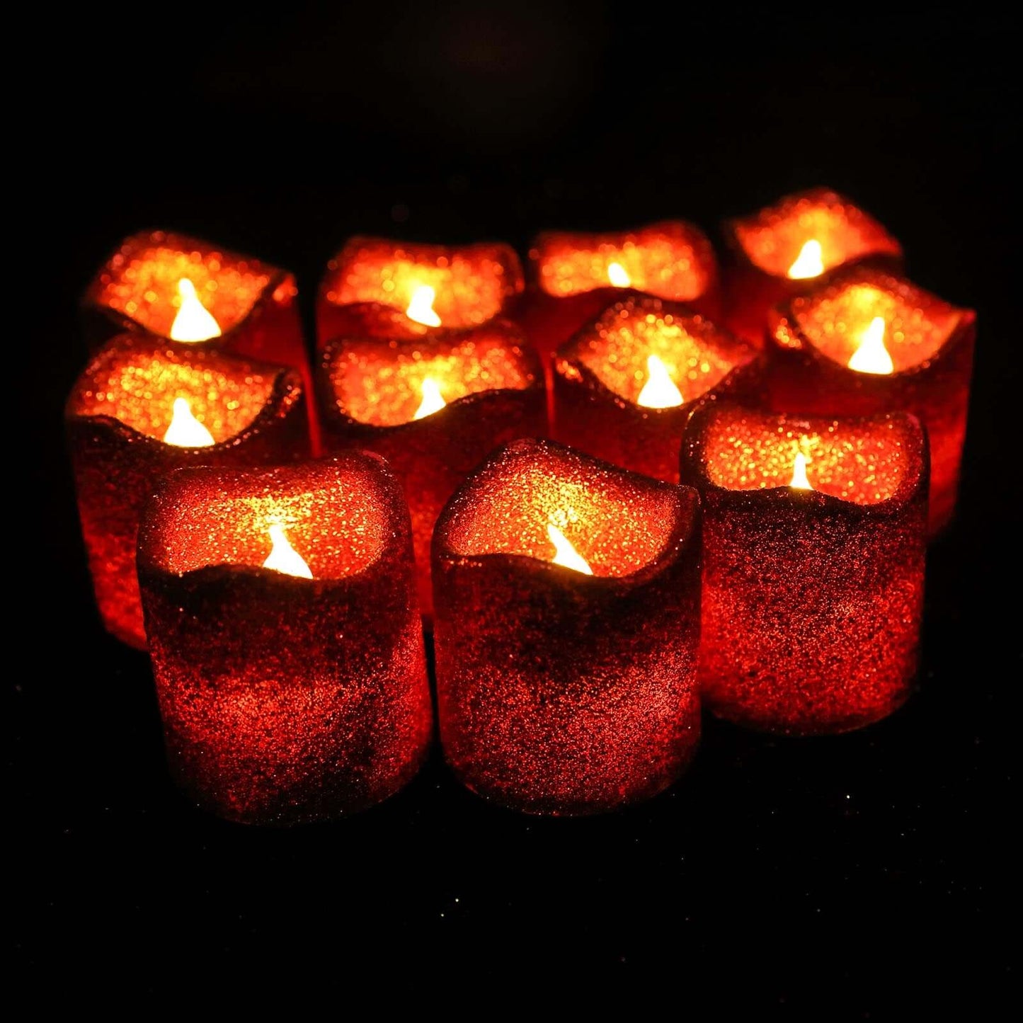12 - Pack LED Votive Candles Glittered Red Design - Reusable Flameless Battery Operated Lights - Linen Luxes