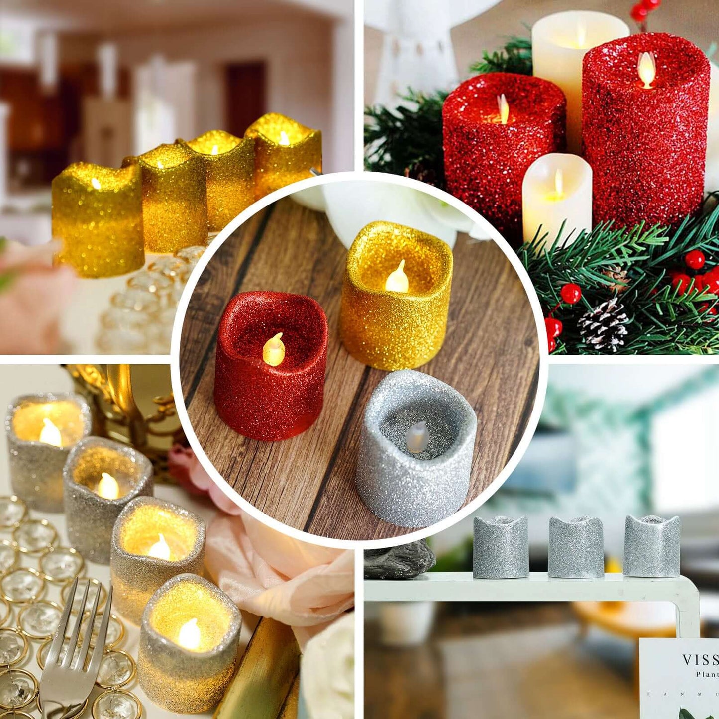 12 - Pack LED Votive Candles Glittered Red Design - Reusable Flameless Battery Operated Lights - Linen Luxes