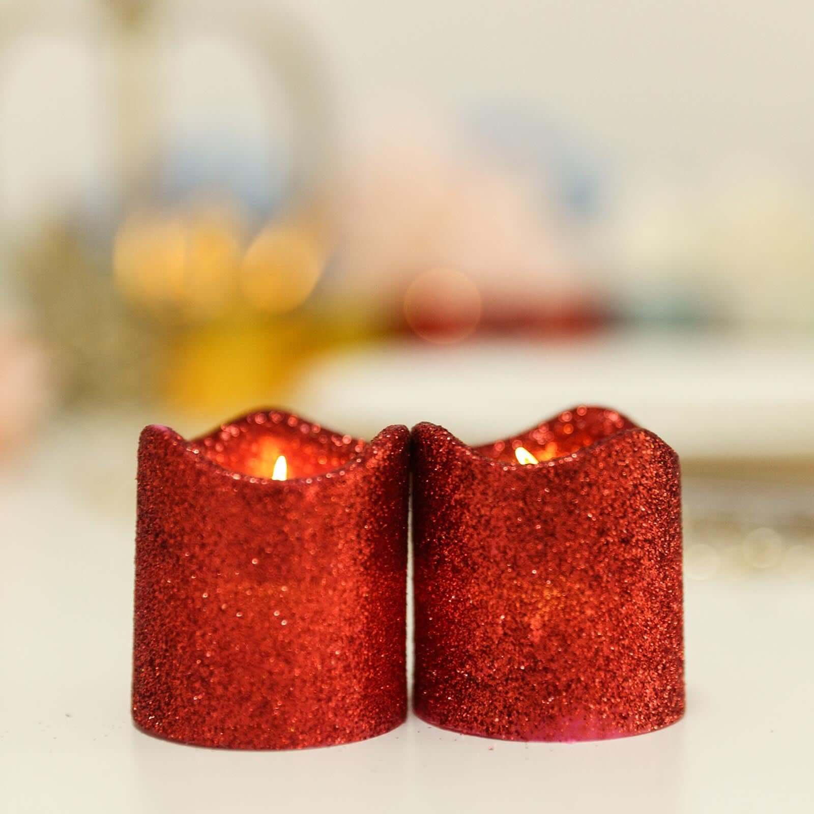 12 - Pack LED Votive Candles Glittered Red Design - Reusable Flameless Battery Operated Lights - Linen Luxes