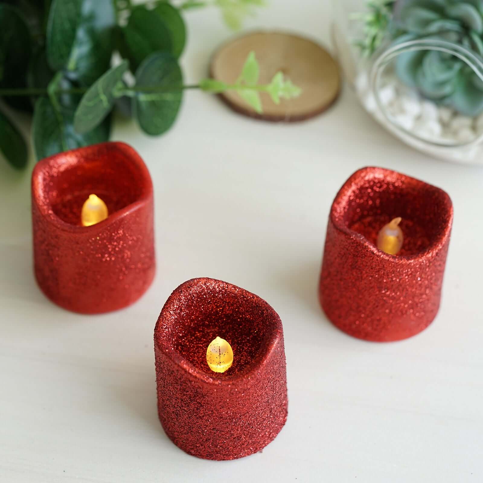 12 - Pack LED Votive Candles Glittered Red Design - Reusable Flameless Battery Operated Lights - Linen Luxes