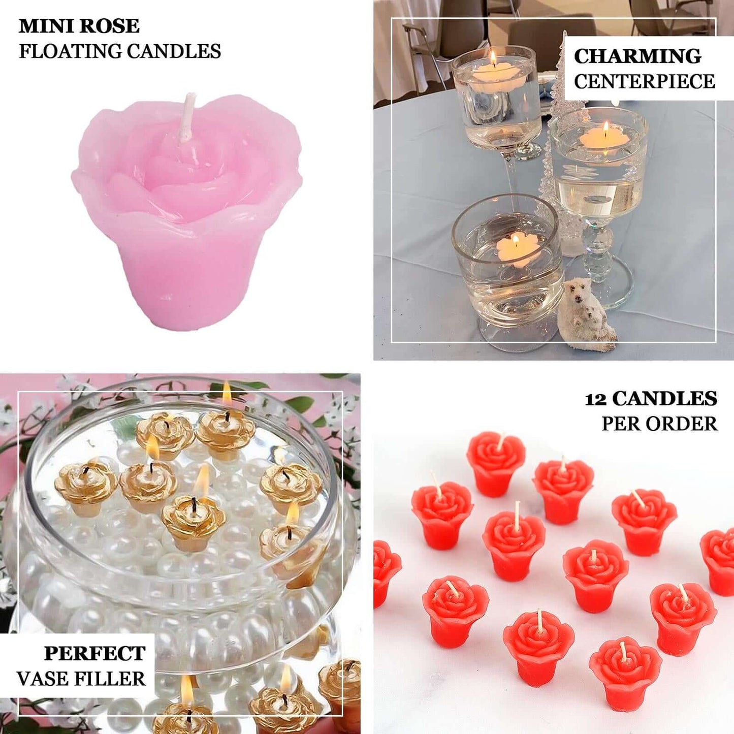 12 - Pack Mini Floating Candles Rose Flower Design Pink - Wedding Vase Fillers for Decor 1" - Linen Luxes