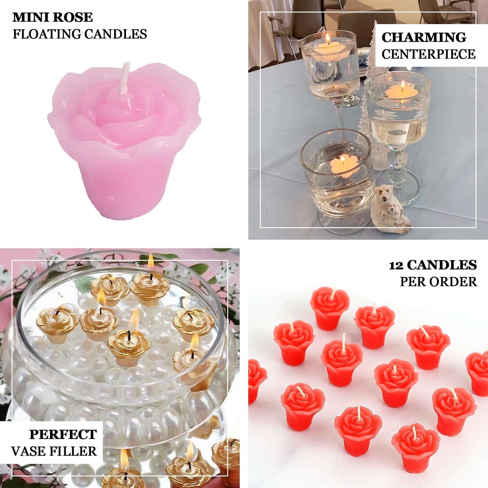12 - Pack Mini Floating Candles Rose Flower Design Pink - Wedding Vase Fillers for Decor 1" - Linen Luxes