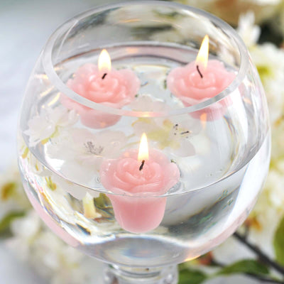 12 - Pack Mini Floating Candles Rose Flower Design Pink - Wedding Vase Fillers for Decor 1" - Linen Luxes