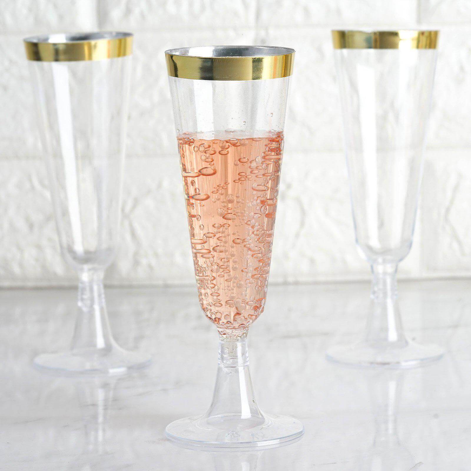 12 - Pack Plastic Champagne Flutes Clear with Gold Rim - Stylish Disposable Cocktail Glasses for Parties 5oz 6" - Linen Luxes