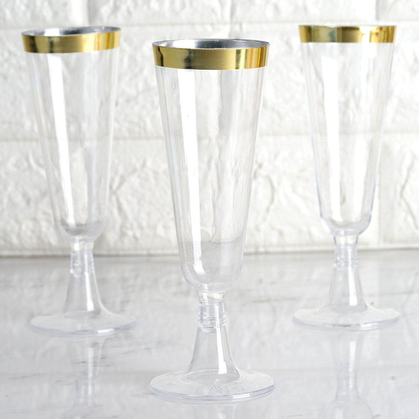 12 - Pack Plastic Champagne Flutes Clear with Gold Rim - Stylish Disposable Cocktail Glasses for Parties 5oz 6" - Linen Luxes