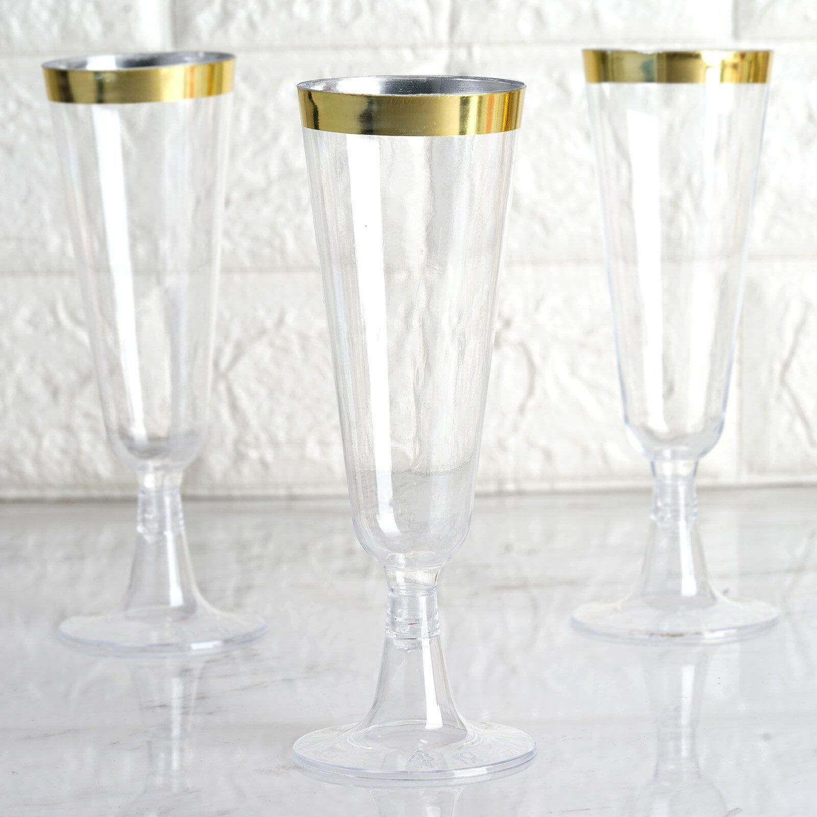 12 - Pack Plastic Champagne Flutes Clear with Gold Rim - Stylish Disposable Cocktail Glasses for Parties 5oz 6" - Linen Luxes