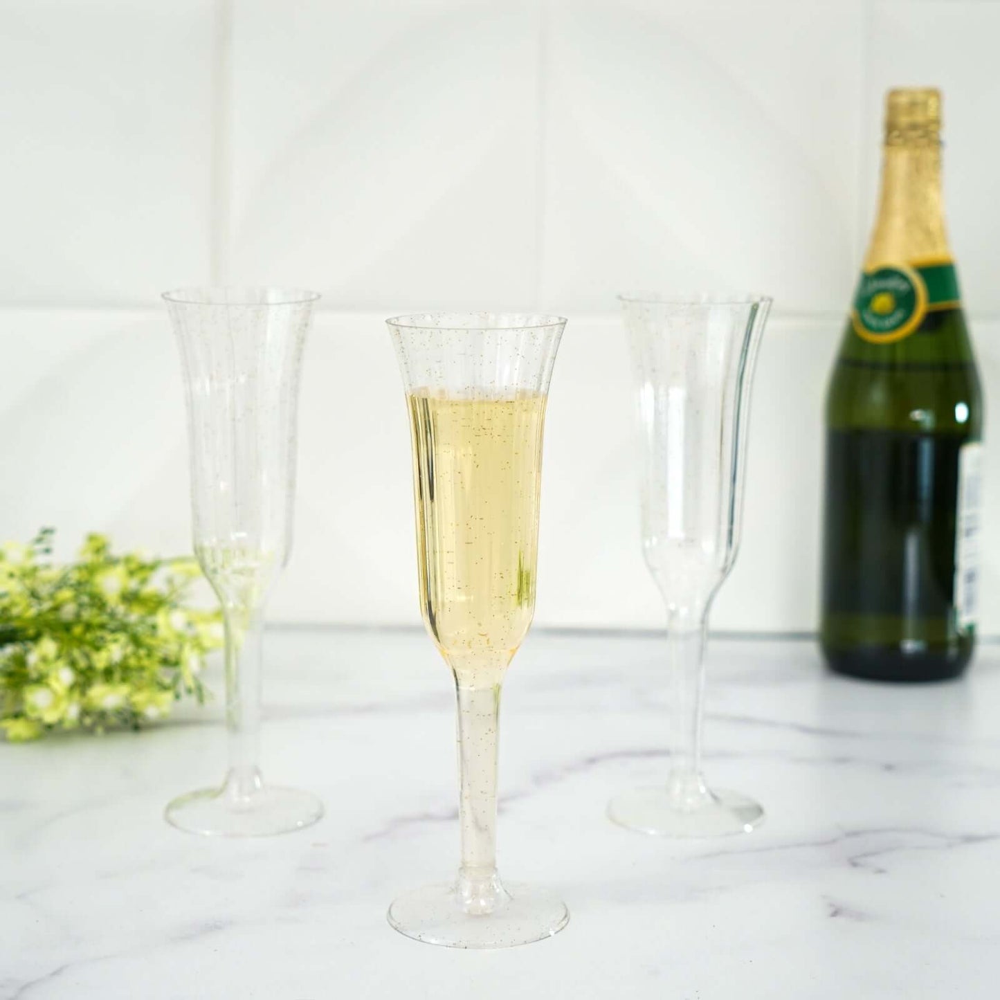 12 - Pack Plastic Champagne Flutes Clear/Gold Glitter Flared Design - Lightweight Disposable Toasting Glasses 6oz - Linen Luxes