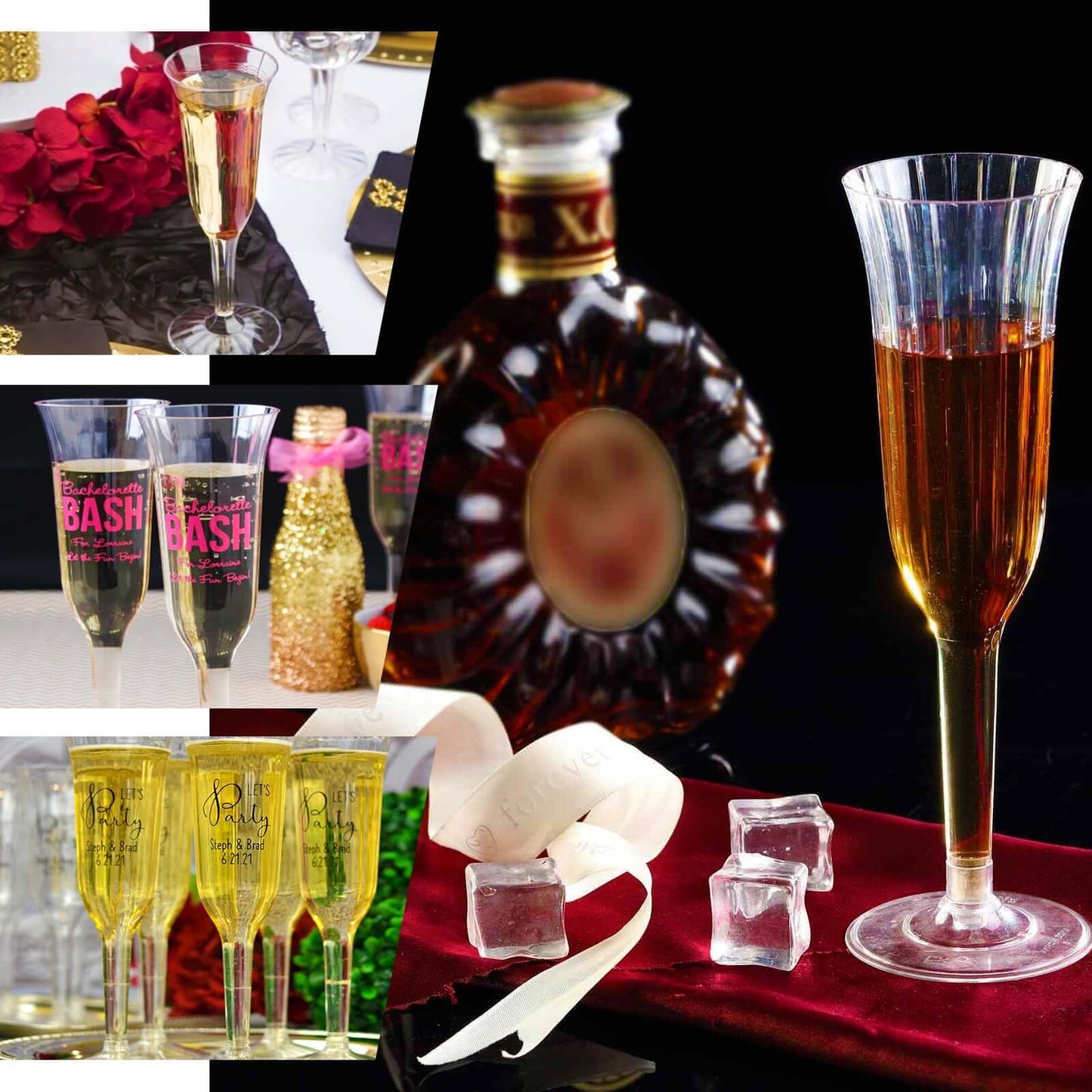 12 - Pack Plastic Champagne Flutes Clear/Gold Glitter Flared Design - Lightweight Disposable Toasting Glasses 6oz - Linen Luxes