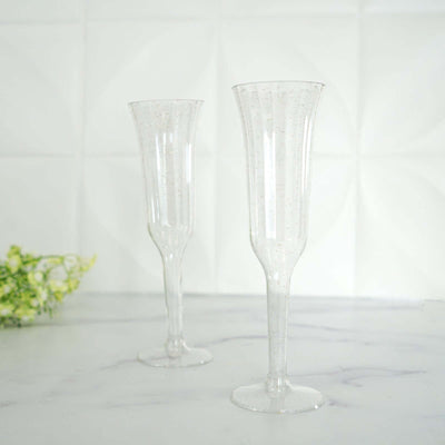 12 - Pack Plastic Champagne Flutes Clear/Gold Glitter Flared Design - Lightweight Disposable Toasting Glasses 6oz - Linen Luxes
