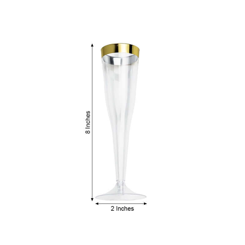 12 - Pack Plastic Champagne Flutes Clear/Gold Hollow Stem - Stylish Disposable Glasses with Detachable Base for Toasts 6oz - Linen Luxes