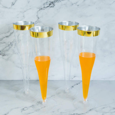 12 - Pack Plastic Champagne Flutes Clear/Gold Hollow Stem - Stylish Disposable Glasses with Detachable Base for Toasts 6oz - Linen Luxes