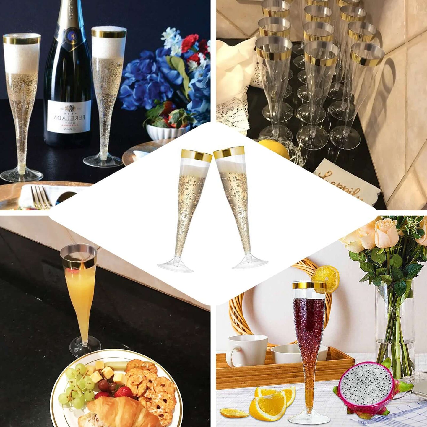12 - Pack Plastic Champagne Flutes Clear/Gold Hollow Stem - Stylish Disposable Glasses with Detachable Base for Toasts 6oz - Linen Luxes