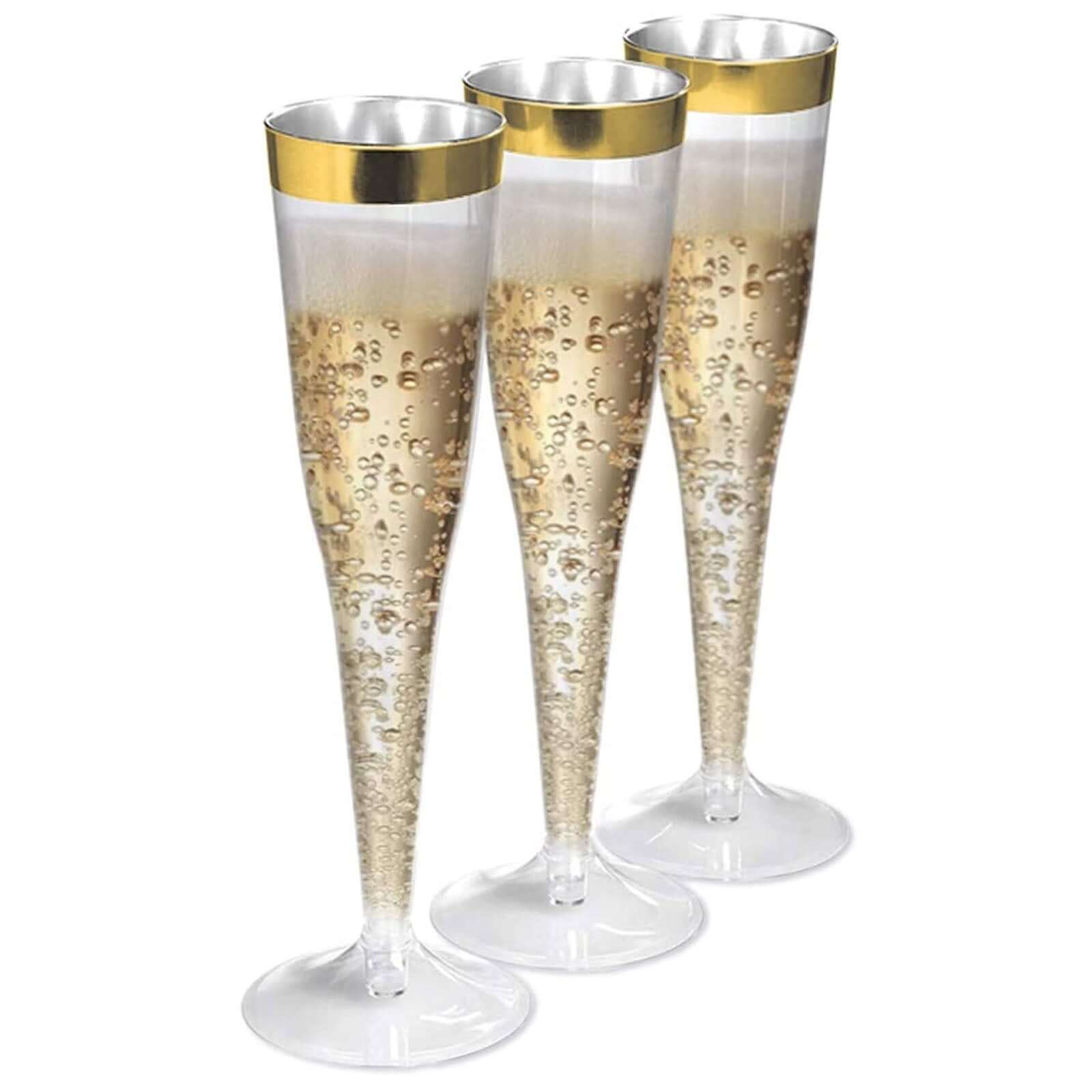 12 - Pack Plastic Champagne Flutes Clear/Gold Hollow Stem - Stylish Disposable Glasses with Detachable Base for Toasts 6oz - Linen Luxes