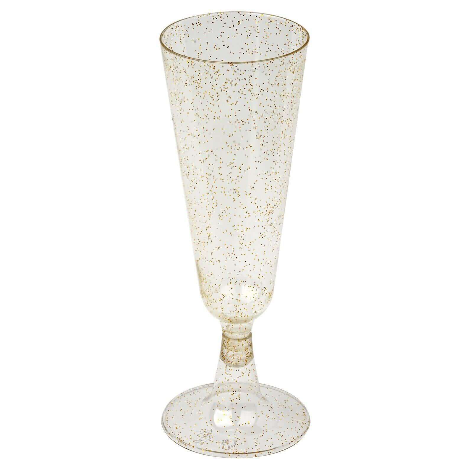 12 - Pack Plastic Champagne Glasses Gold Glittered Short Stem - Stylish Disposable Flutes with Detachable Base for Toasts 5oz - Linen Luxes