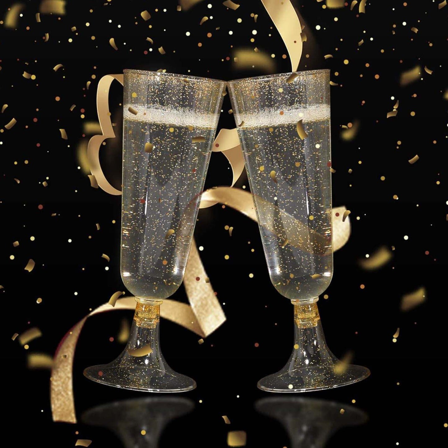 12 - Pack Plastic Champagne Glasses Gold Glittered Short Stem - Stylish Disposable Flutes with Detachable Base for Toasts 5oz - Linen Luxes