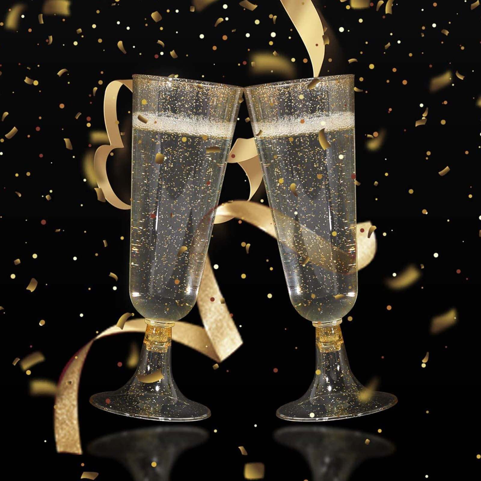 12 - Pack Plastic Champagne Glasses Gold Glittered Short Stem - Stylish Disposable Flutes with Detachable Base for Toasts 5oz - Linen Luxes