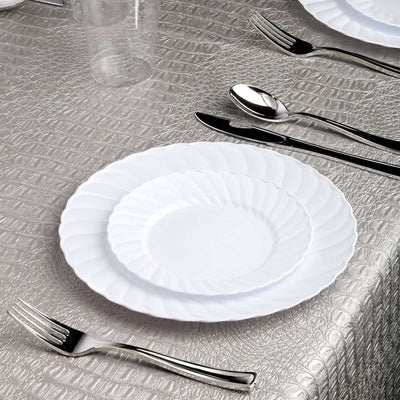 12 - Pack Plastic Dessert Plates Glossy White Swirl Rim - Lightweight Round Salad Plates 6" - Linen Luxes