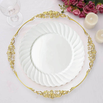 12 - Pack Plastic Dinner Plates Glossy White Swirl Rim - Durable Disposable Plates for Gatherings 10" - Linen Luxes