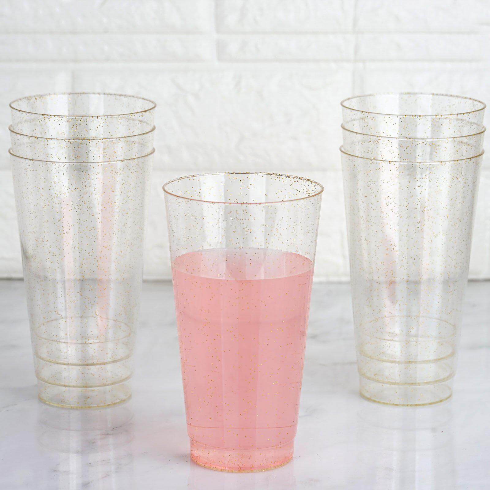 12 - Pack Plastic Party Cups Clear Gold Glitter - Durable Disposable Tumblers for Drinks 17oz 6" - Linen Luxes