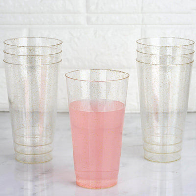 12 - Pack Plastic Party Cups Clear Gold Glitter - Durable Disposable Tumblers for Drinks 17oz 6" - Linen Luxes