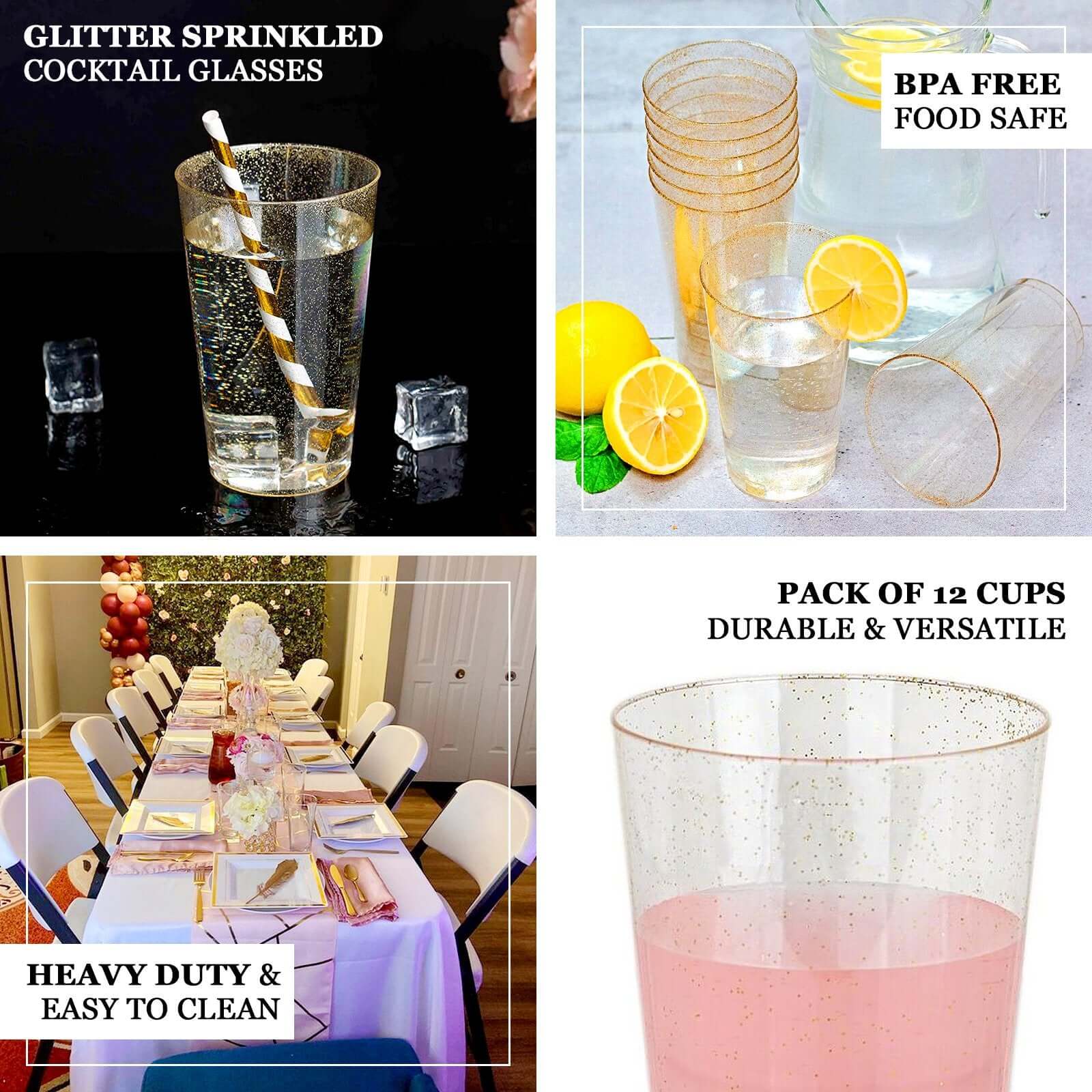 12 - Pack Plastic Party Cups Clear Gold Glitter - Durable Disposable Tumblers for Drinks 17oz 6" - Linen Luxes