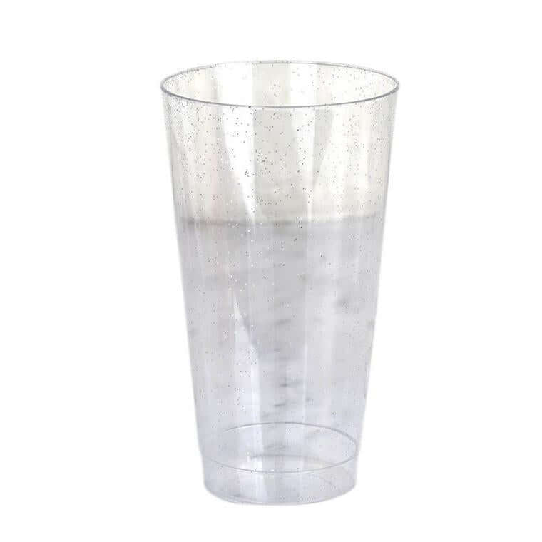 12 - Pack Plastic Party Cups Clear Silver Glitter - Durable Disposable Tumblers for Drinks 17oz 6" - Linen Luxes
