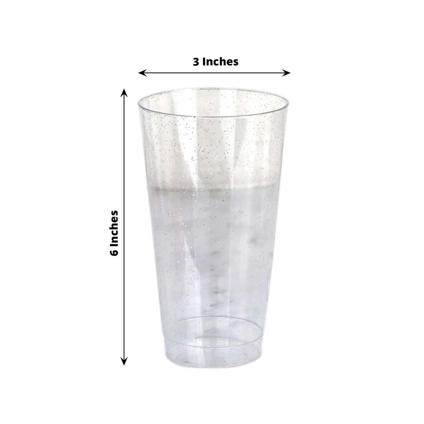 12 - Pack Plastic Party Cups Clear Silver Glitter - Durable Disposable Tumblers for Drinks 17oz 6" - Linen Luxes