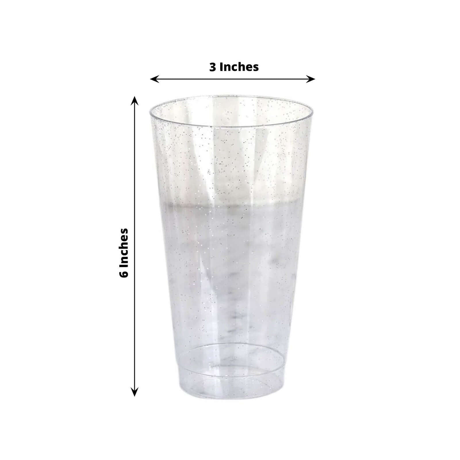 12 - Pack Plastic Party Cups Clear Silver Glitter - Durable Disposable Tumblers for Drinks 17oz 6" - Linen Luxes