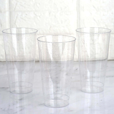 12 - Pack Plastic Party Cups Clear Silver Glitter - Durable Disposable Tumblers for Drinks 17oz 6" - Linen Luxes