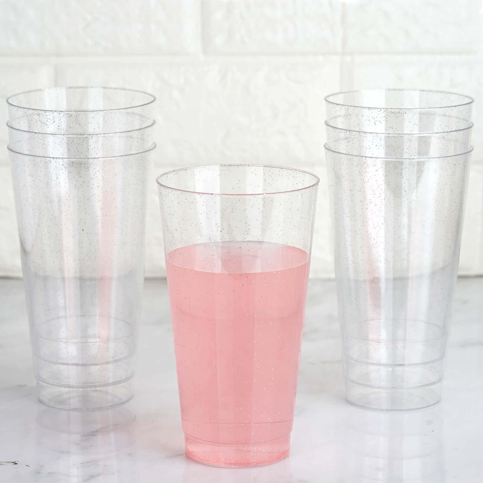 12 - Pack Plastic Party Cups Clear Silver Glitter - Durable Disposable Tumblers for Drinks 17oz 6" - Linen Luxes