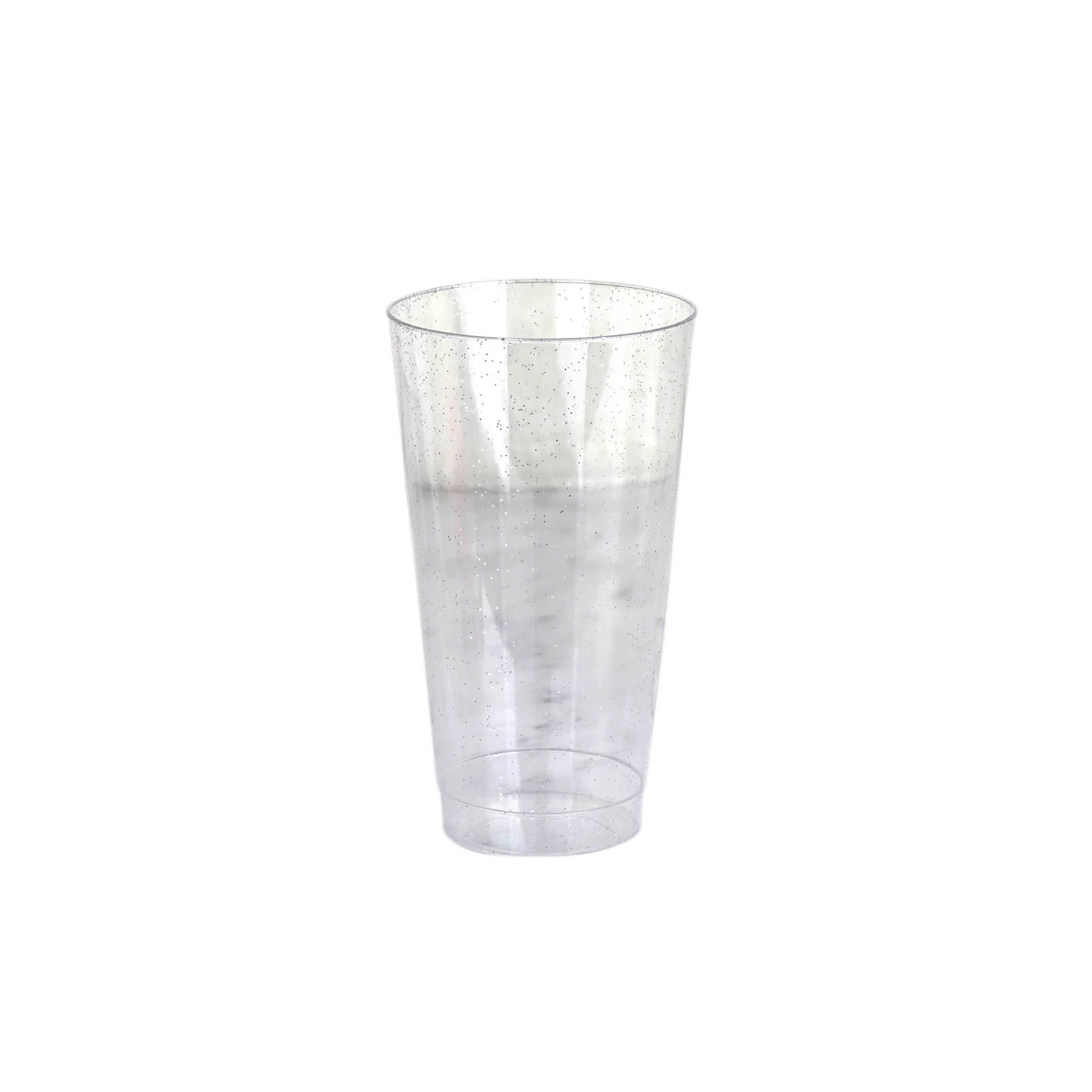 12 - Pack Plastic Party Cups Clear Silver Glitter - Durable Disposable Tumblers for Drinks 17oz 6" - Linen Luxes