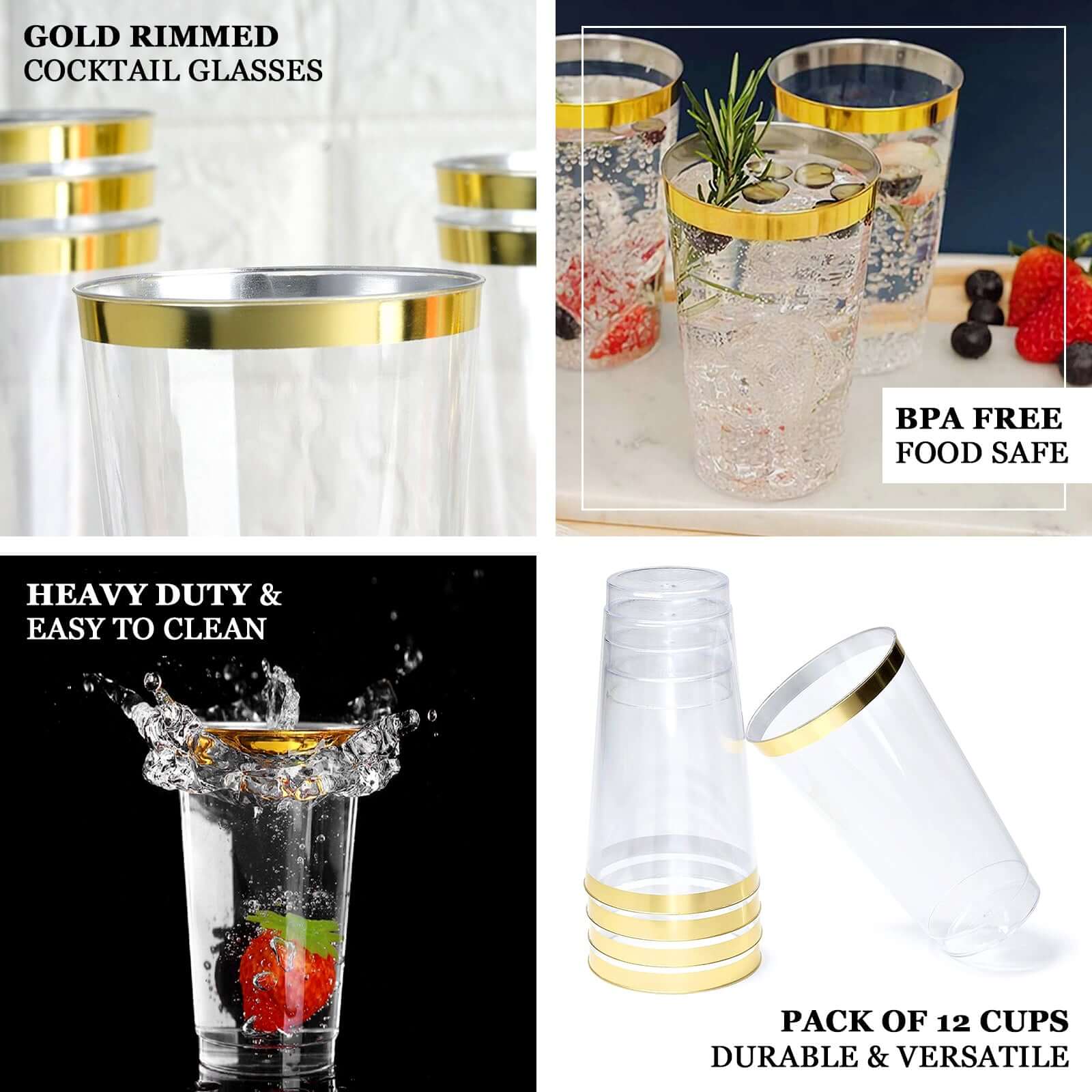 12 - Pack Plastic Party Cups Clear with Gold Rim - Durable Disposable Tumblers for Drinks 17oz 5.5" - Linen Luxes