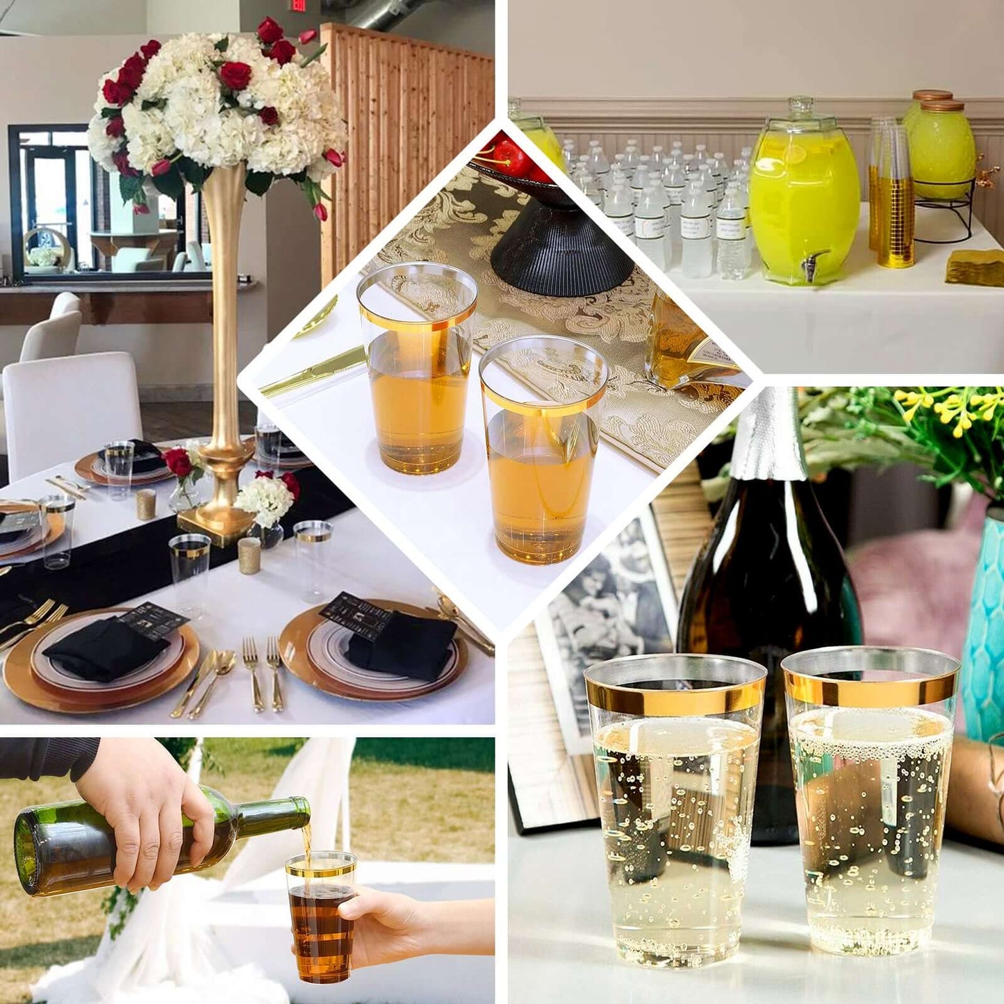 12 - Pack Plastic Party Cups Clear with Gold Rim - Durable Disposable Tumblers for Drinks 17oz 5.5" - Linen Luxes