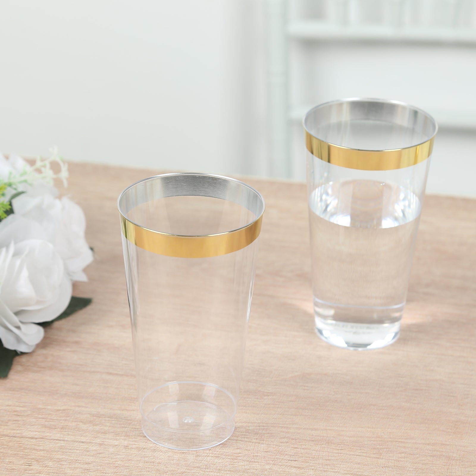 12 - Pack Plastic Party Cups Clear with Gold Rim - Durable Disposable Tumblers for Drinks 17oz 5.5" - Linen Luxes
