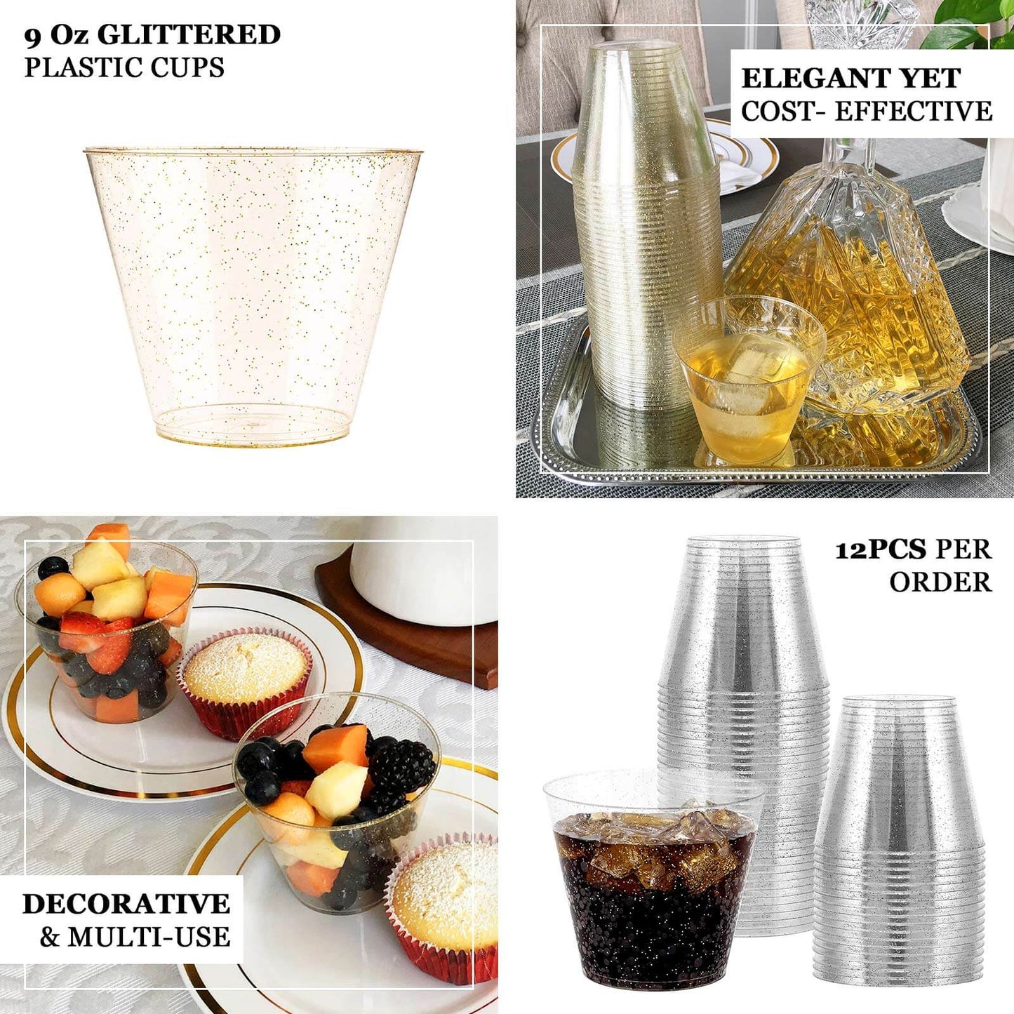 12 - Pack Plastic Party Glasses Gold Glittered - Sparkly Disposable Cups for Events 9oz - Linen Luxes