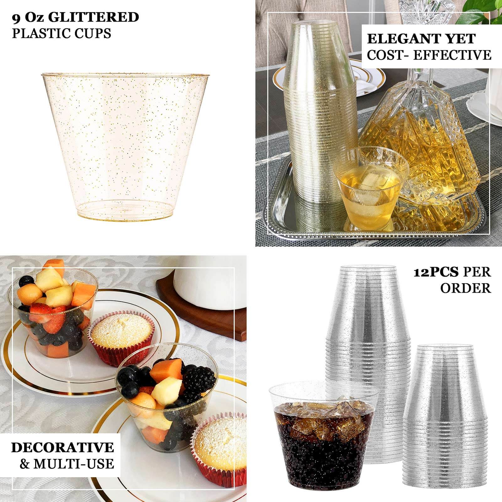 12 - Pack Plastic Party Glasses Gold Glittered - Sparkly Disposable Cups for Events 9oz - Linen Luxes