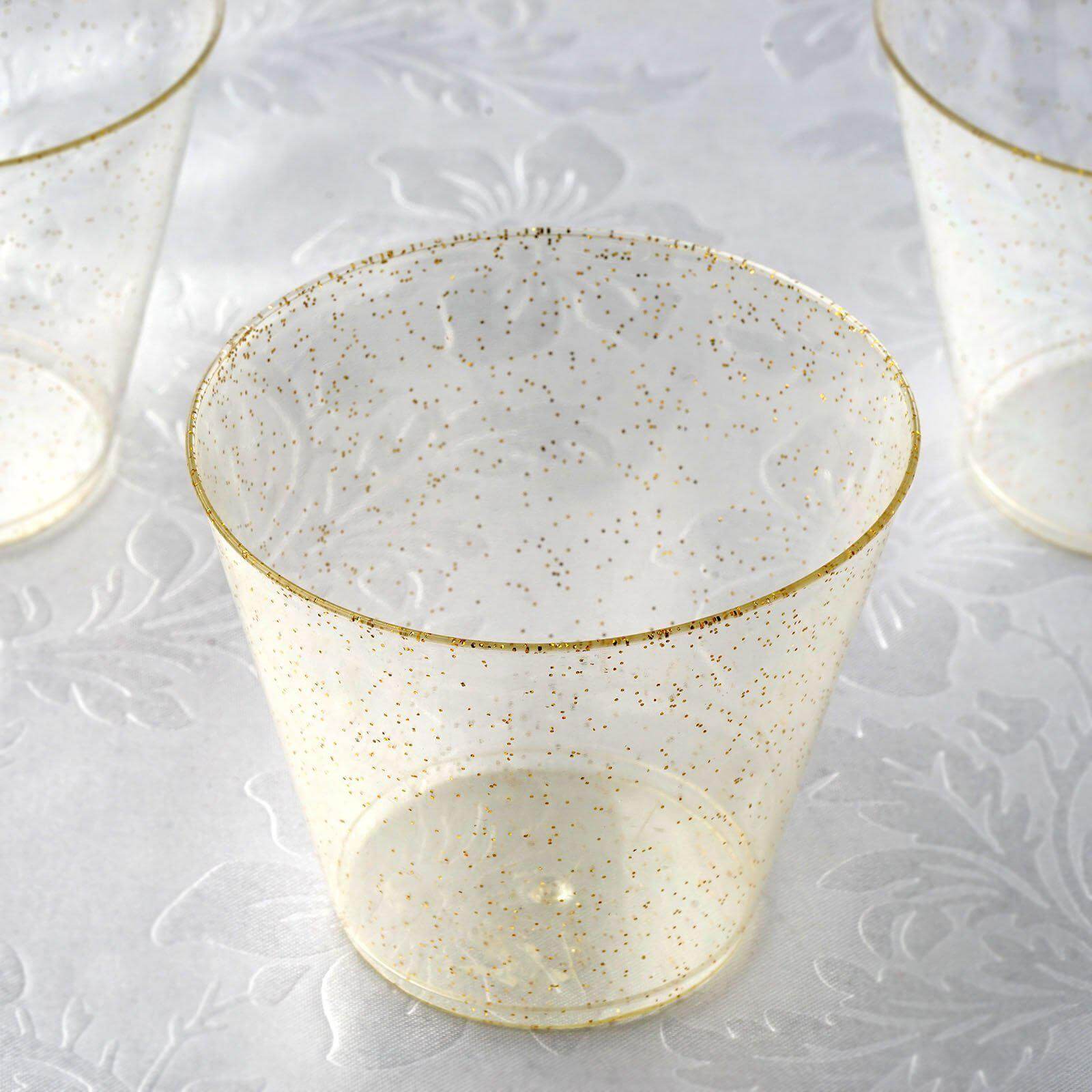 12 - Pack Plastic Party Glasses Gold Glittered - Sparkly Disposable Cups for Events 9oz - Linen Luxes