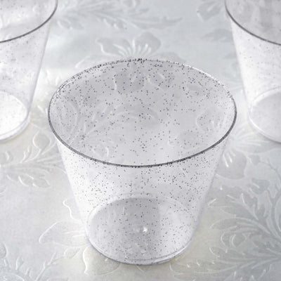 12 - Pack Plastic Party Glasses Silver Glittered - Sparkly Disposable Cups for Events 9oz - Linen Luxes