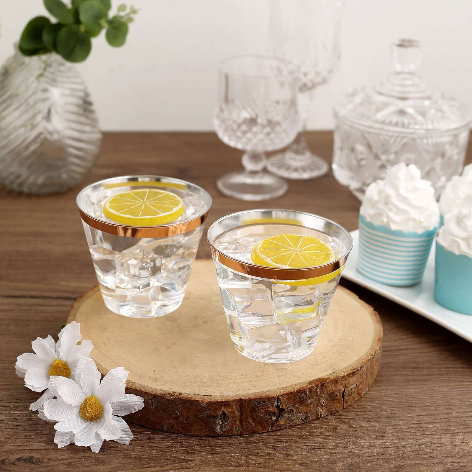 12 - Pack Plastic Party Squat Cups Clear with Rose Gold Rim - Stylish Disposable Tumblers for Banquets & Special Occasions 10oz - Linen Luxes