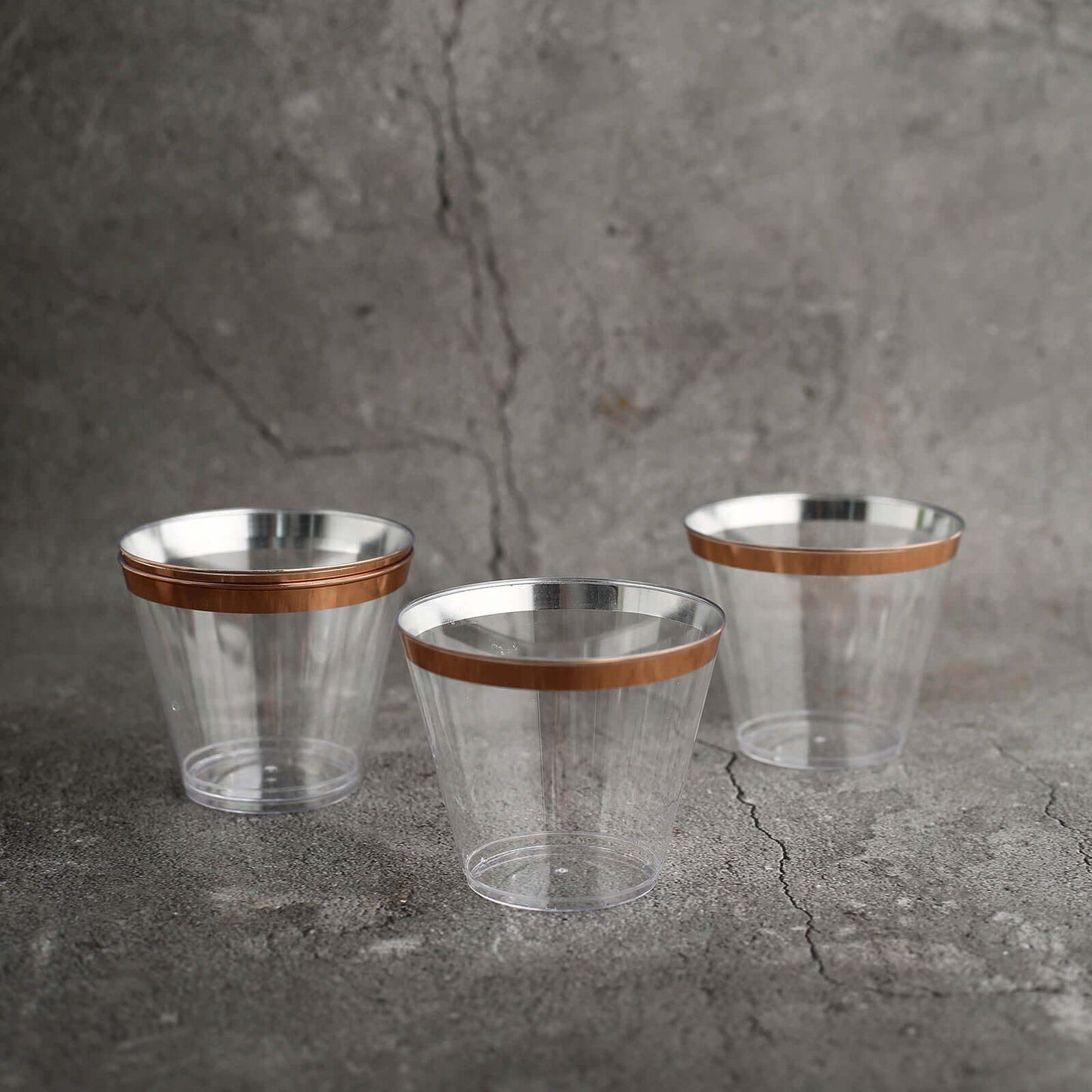 12 - Pack Plastic Party Squat Cups Clear with Rose Gold Rim - Stylish Disposable Tumblers for Banquets & Special Occasions 10oz - Linen Luxes