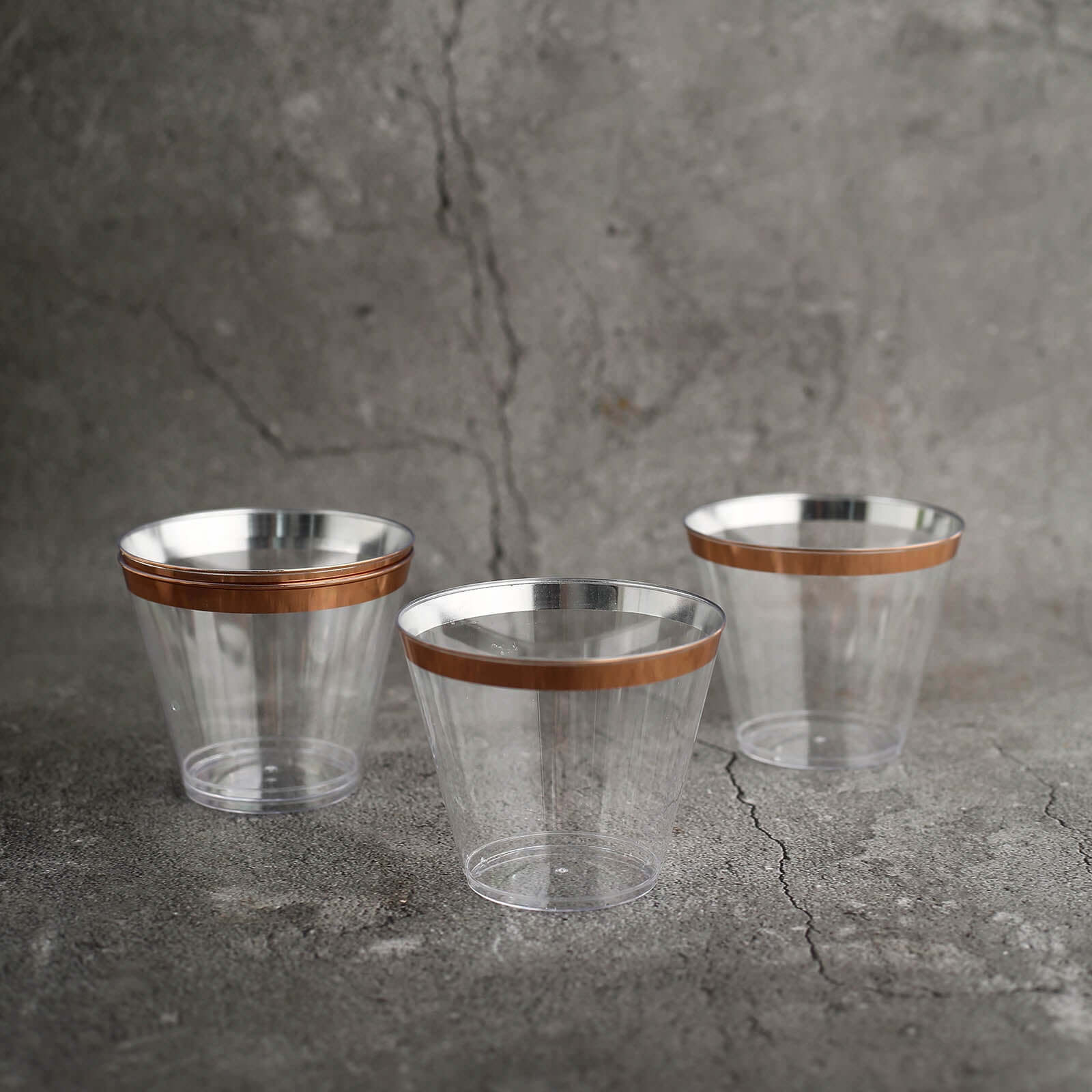 12 - Pack Plastic Party Squat Cups Clear with Rose Gold Rim - Stylish Disposable Tumblers for Banquets & Special Occasions 10oz - Linen Luxes