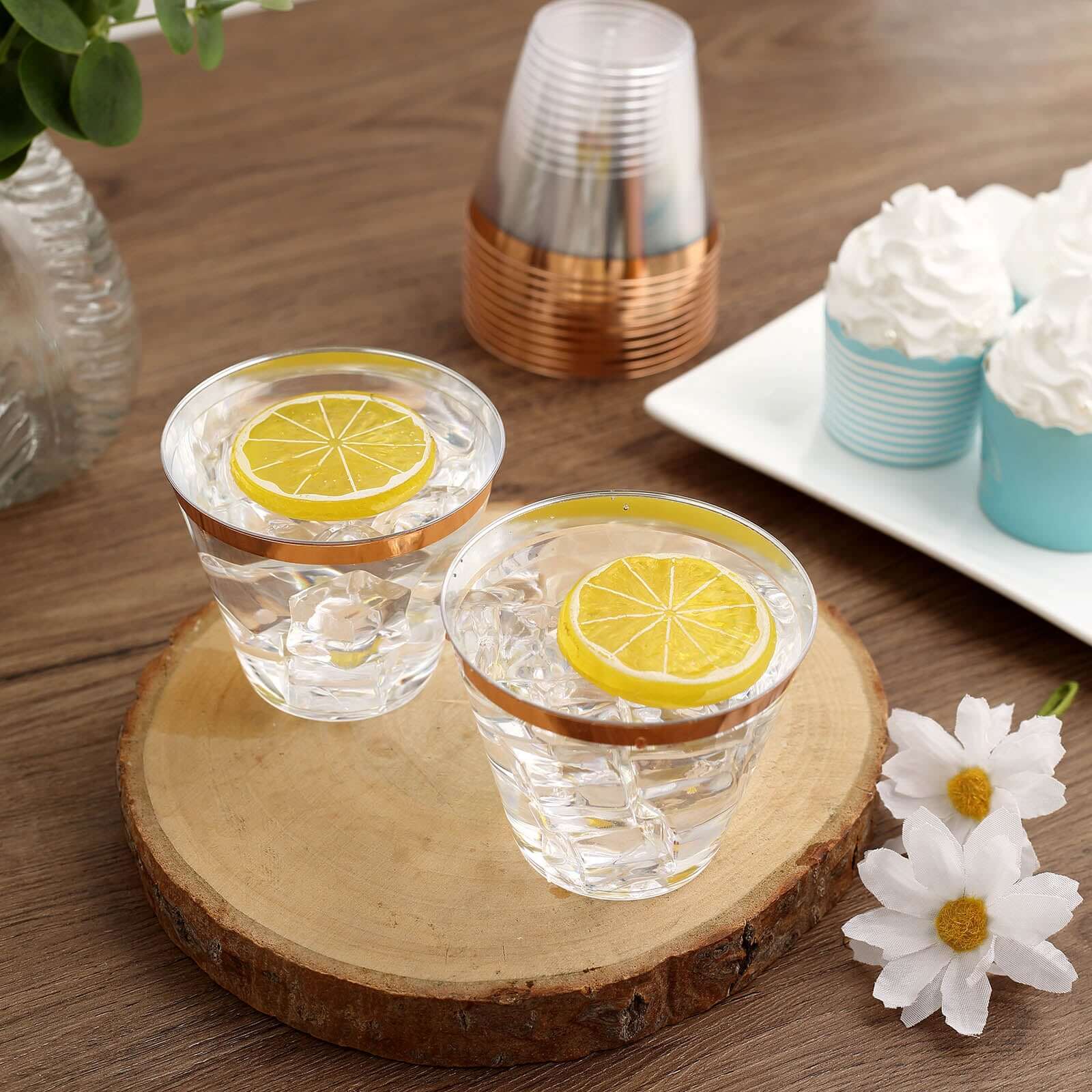 12 - Pack Plastic Party Squat Cups Clear with Rose Gold Rim - Stylish Disposable Tumblers for Banquets & Special Occasions 10oz - Linen Luxes