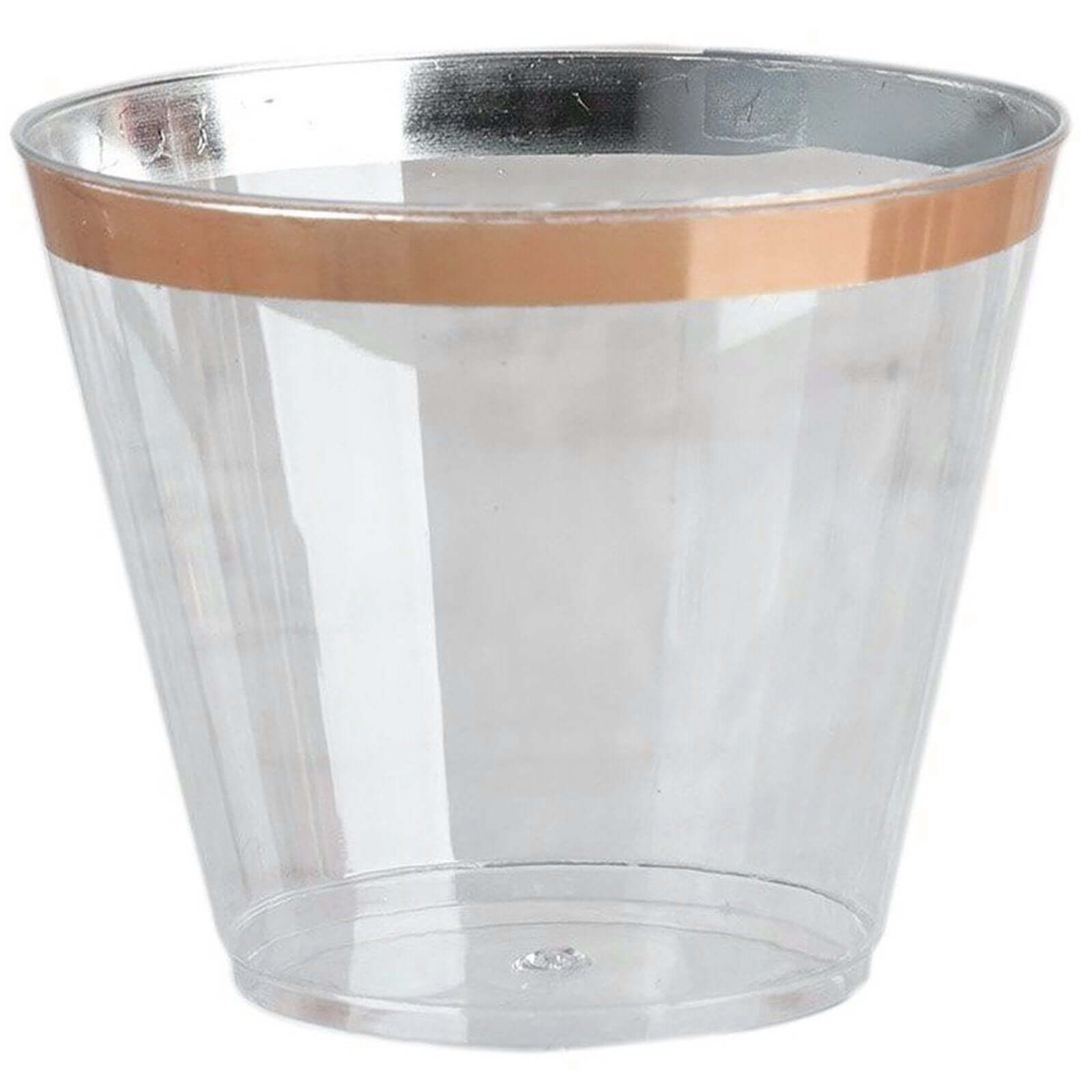 12 - Pack Plastic Party Squat Cups Clear with Rose Gold Rim - Stylish Disposable Tumblers for Banquets & Special Occasions 10oz - Linen Luxes