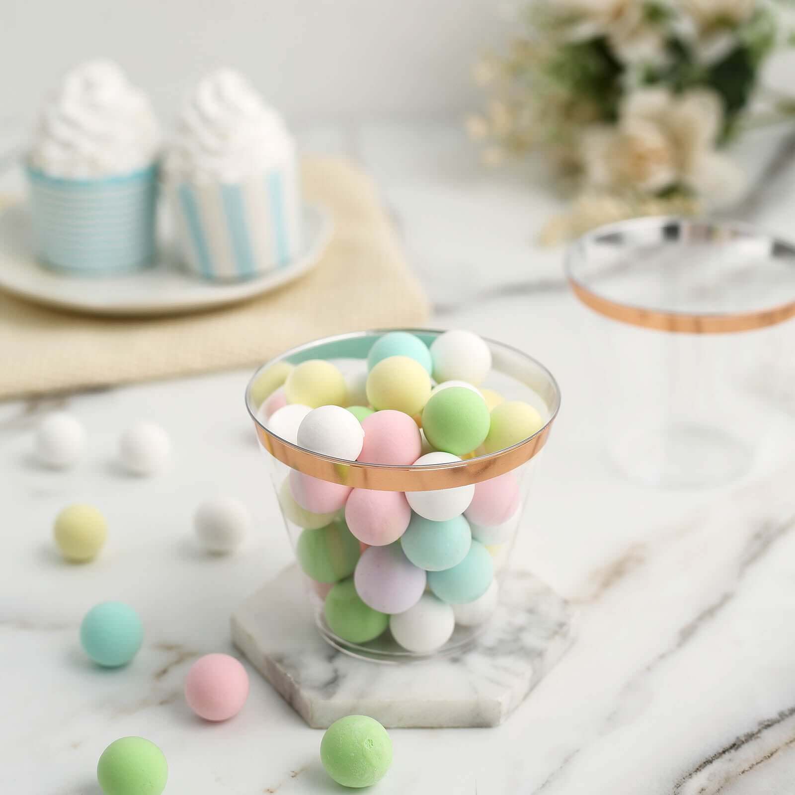 12 - Pack Plastic Party Squat Cups Clear with Rose Gold Rim - Stylish Disposable Tumblers for Banquets & Special Occasions 10oz - Linen Luxes